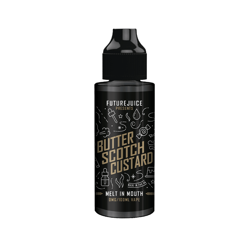 Black bottle of Future Juice Butterscotch Custard e-liquid, 100ml shortfill.