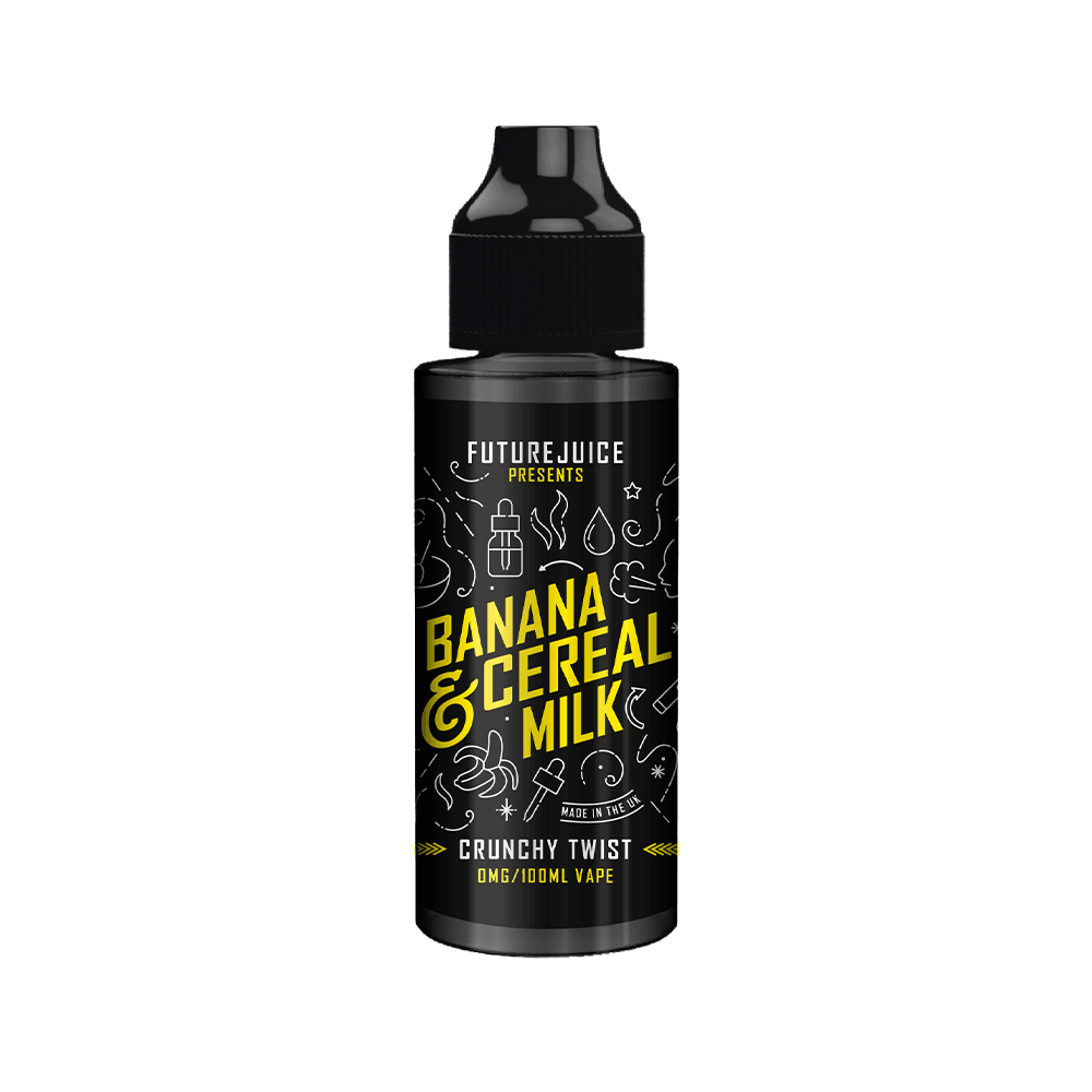 E-liquid bottle labeled "Banana & Cereal Milk" by Future Juice, 100ml shortfill.