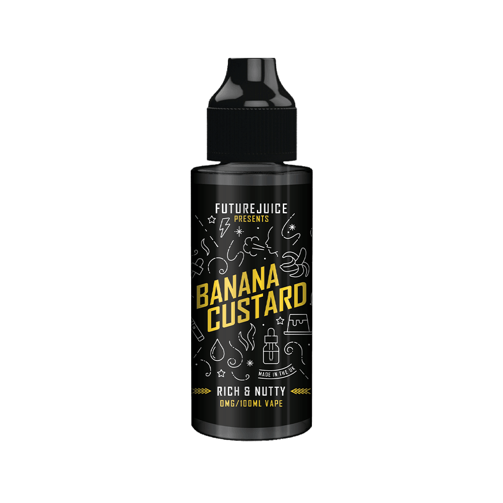 Black vape juice bottle labelled "Banana Custard" by Future Juice, 100ml, 0mg nicotine.