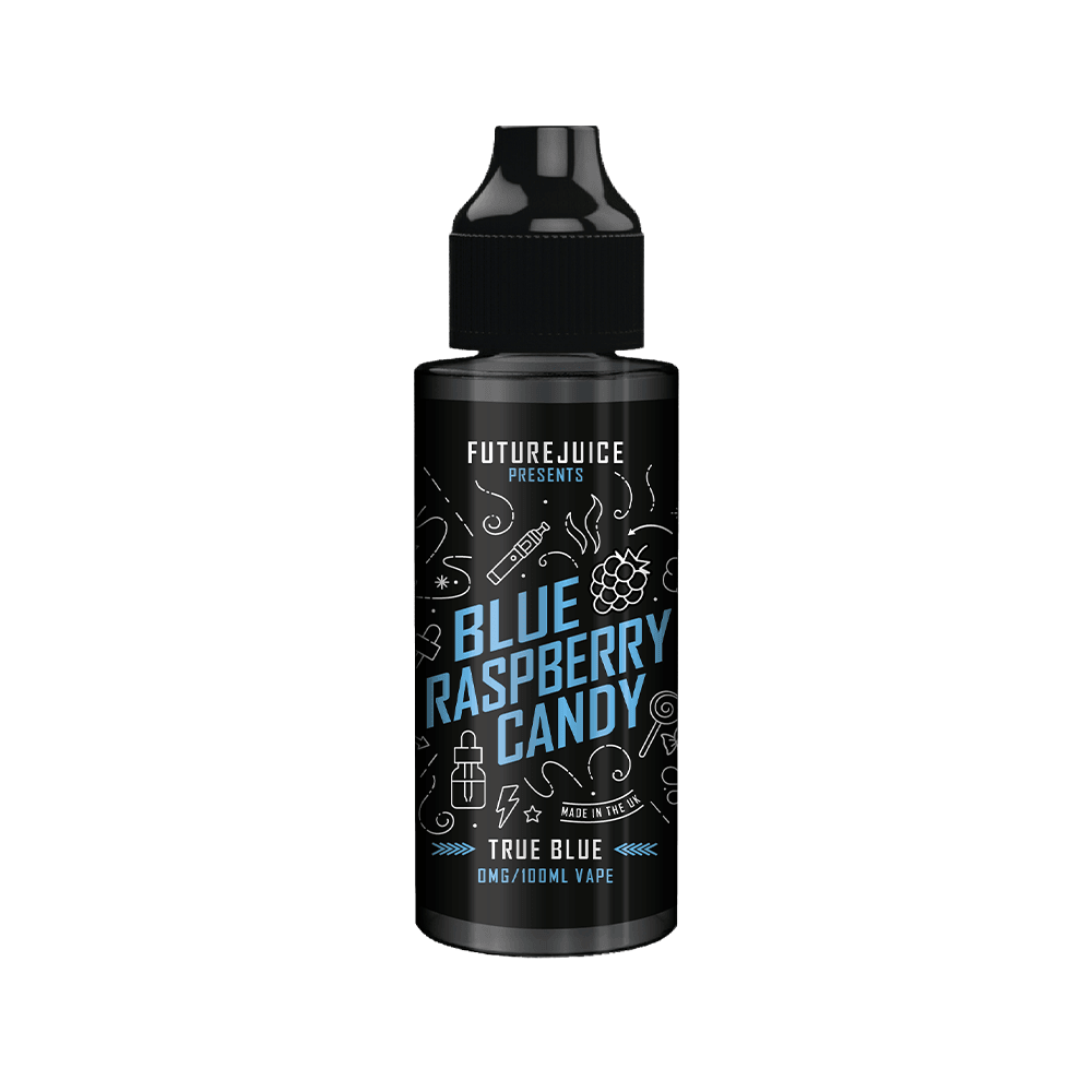 Black vape juice bottle with "Blue Raspberry Candy" label design.