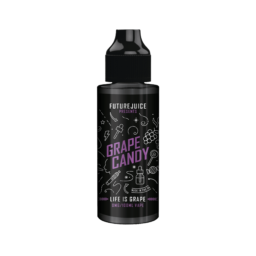 Black bottle of Future Juice Grape Candy vape liquid, 100ml, with vibrant design.