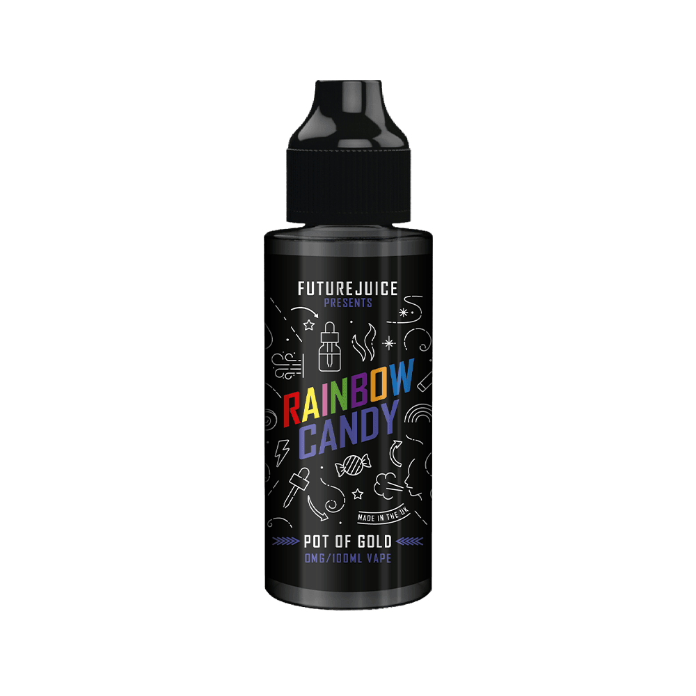 Black vape juice bottle with "Rainbow Candy" label design.