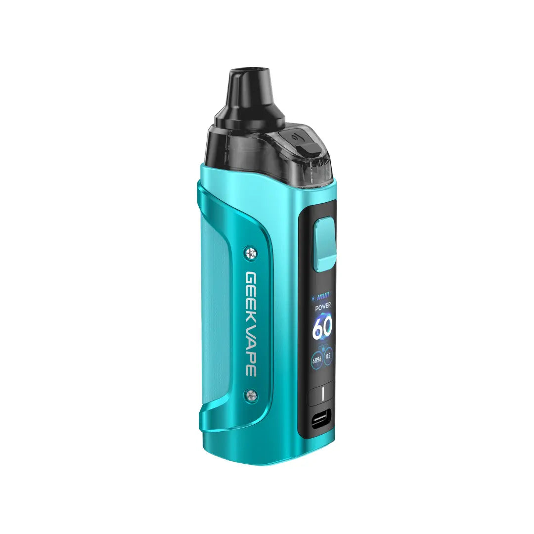 GeekVape Aegis Boost 3 Pod Vape Kit in teal blue with a digital display.