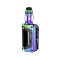 Three GeekVape Aegis Legend 3 Kits in black, blue, and red.