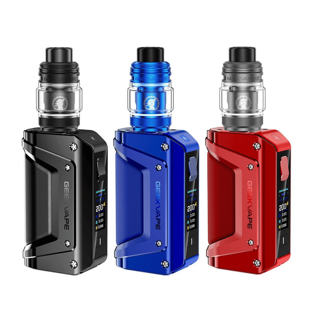 Three GeekVape Aegis Legend 3 Kits in black, blue, and red.