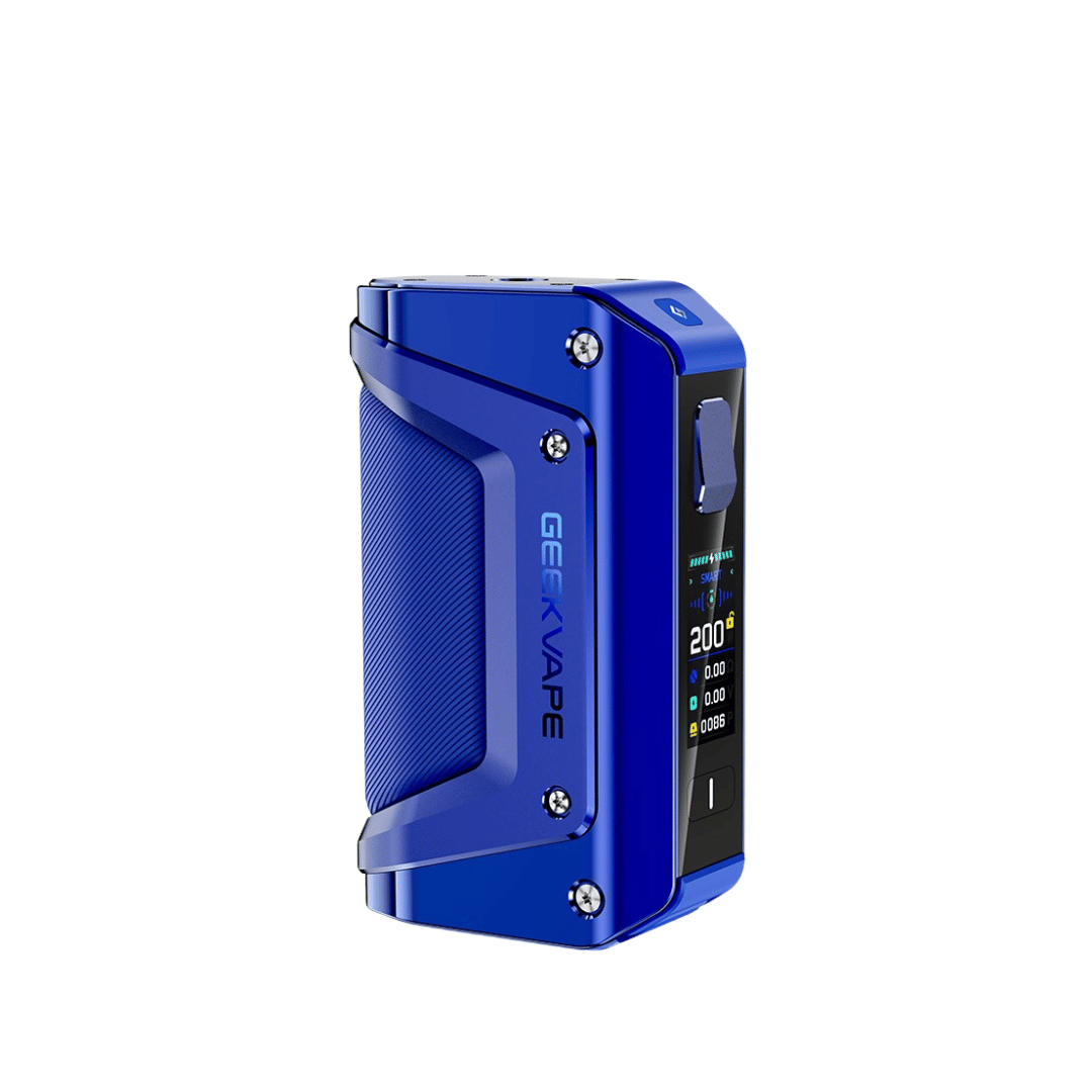 Blue Geekvape Aegis Legend 3 Mod with digital display and textured grip.