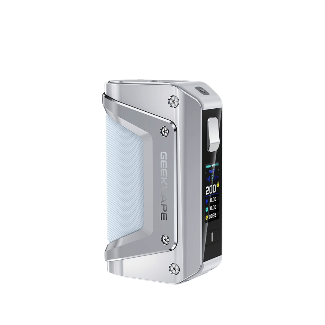 Silver GeekVape Aegis Legend 3 Mod with display screen showing settings.