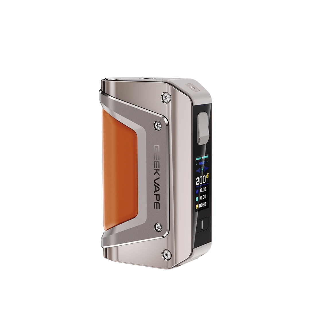 Geekvape Aegis Legend 3 Mod in titanium grey with leather grip and digital display.