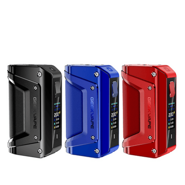 Three Geekvape Aegis Legend 3 Mods in black, blue, and red.