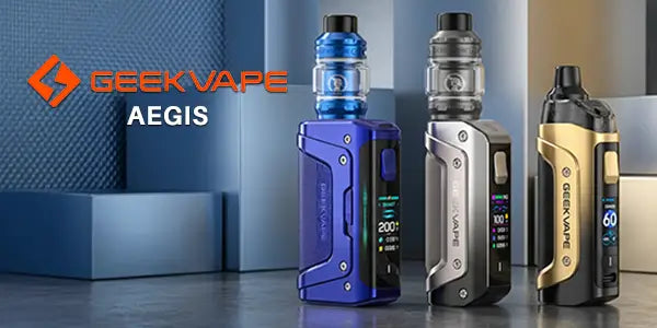 GeekVape Aegis series vape in blue, silver, and gold colors with digital displays and sub-ohm tanks.