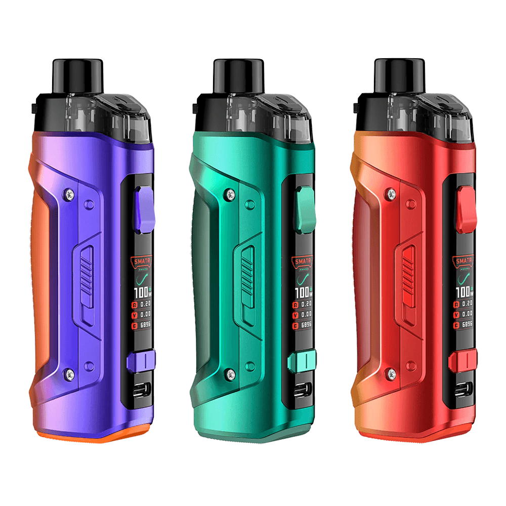 Three Geekvape B100 Aegis Boost Pro 2 pod kits in purple, green, and red.