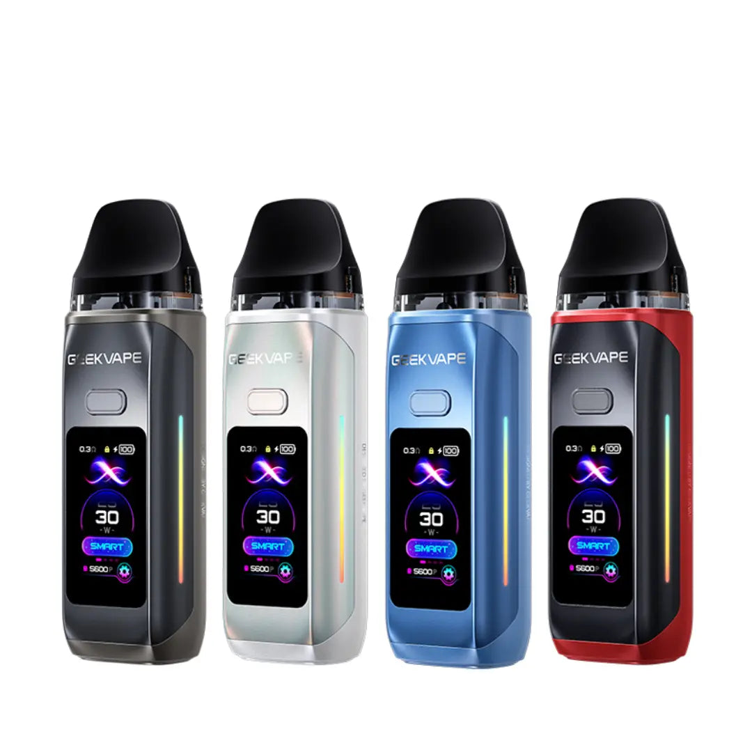 Four GeekVape Digi Max Pod Vape Kits in silver, black, blue, and red colours.