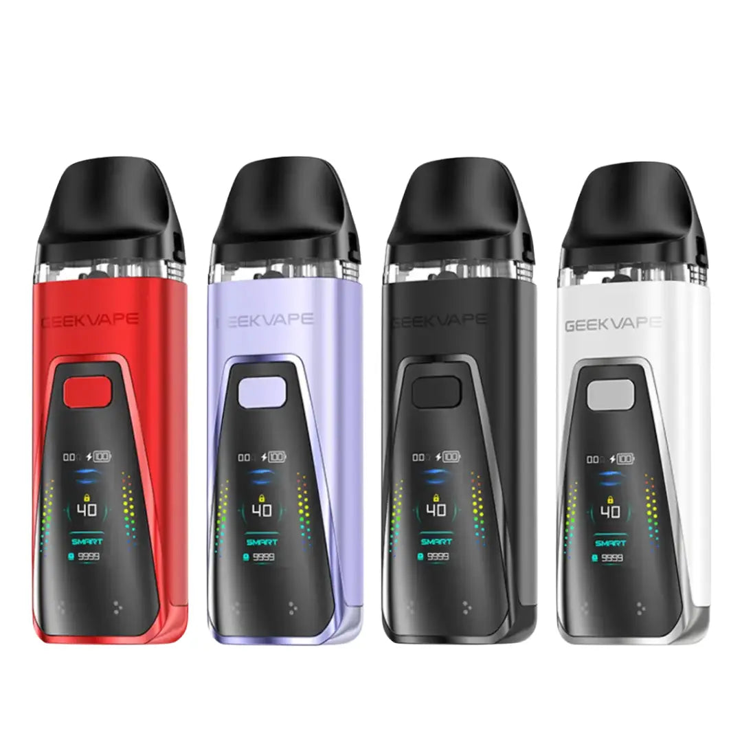 Four GeekVape Digi Pro Pod Vape Kits in red, blue, black, and white.