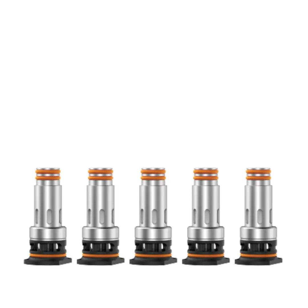 Five GeekVape J Series replacement coils lined up on a plain background.