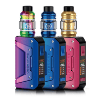 Three Geekvape L200 Aegis Legend 2 kits in rainbow, blue, and pink colours.