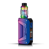 Geekvape L200 Aegis Legend 2 vape kit, vibrant rainbow tank, blue body.