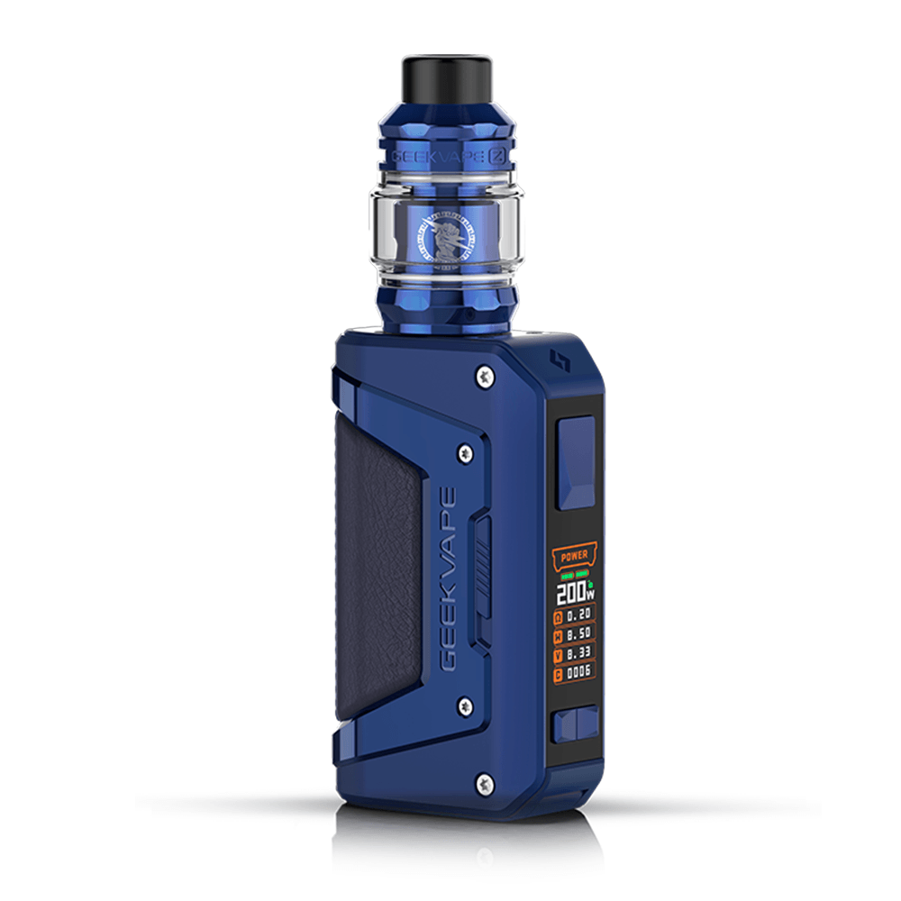 GeekVape L200 Aegis Legend 2 vape kit in blue, with a digital display and tank.