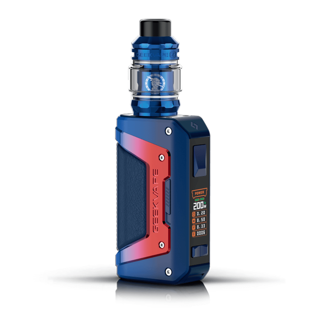 Blue and red GeekVape L200 vape kit with digital display.