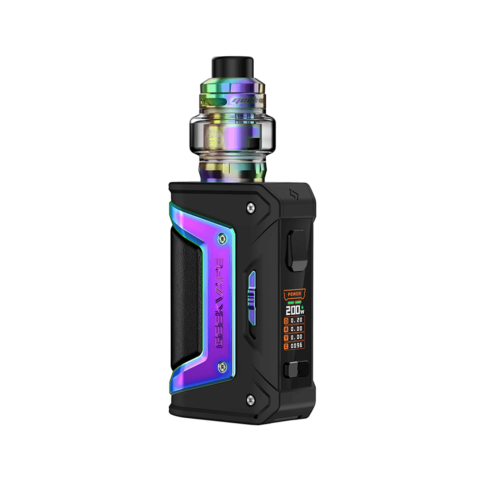 Colourful GeekVape L200 vape kit with digital display and rainbow tank.