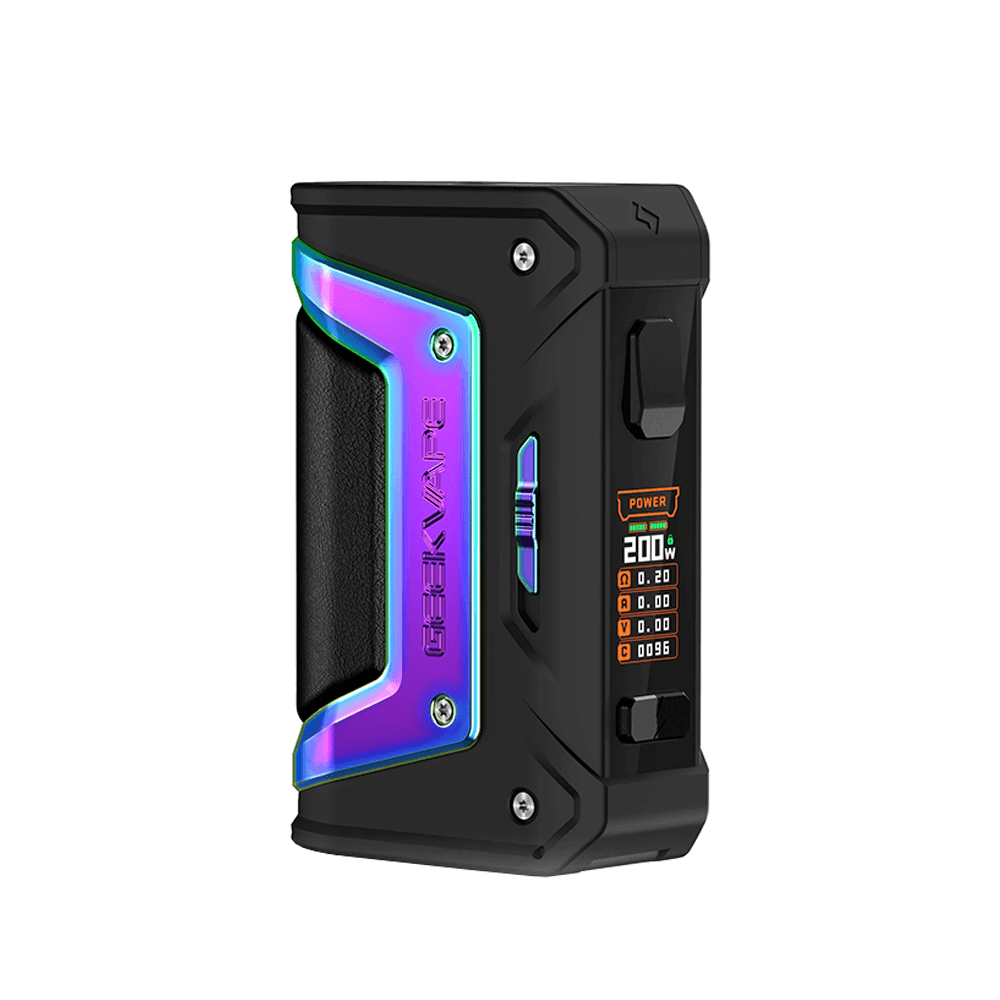 Geekvape L200 Aegis Legend 2 Classic 200W Mod in black with rainbow accents, shown from the side.