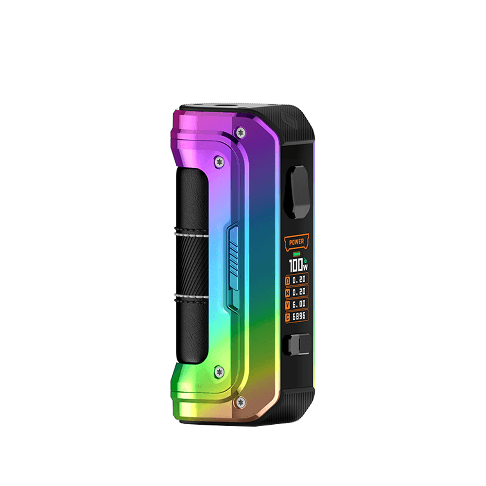 Geekvape Max100 Aegis Max 2 Mod in rainbow finish, showcasing power settings on display.