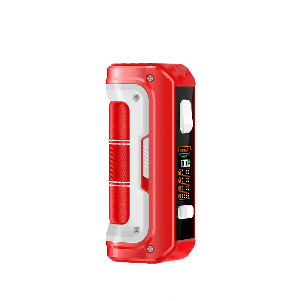 Red GeekVape Max100 Aegis Max 2 mod with digital display, side view.