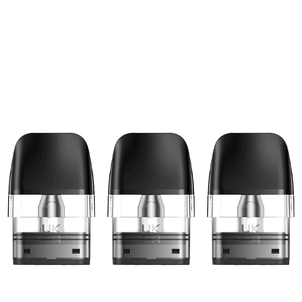 Three GeekVape Q replacement pods with black caps and transparent bodies.