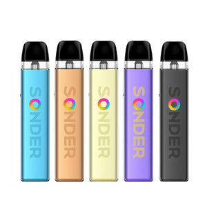 Five GeekVape Sonder Q2 pod vape kits in blue, gold, yellow, purple, and black.