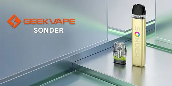 GeekVape Sonder Q2 pod kit in light yellow with a replacement cartridge showing the internal mesh coil and green base.