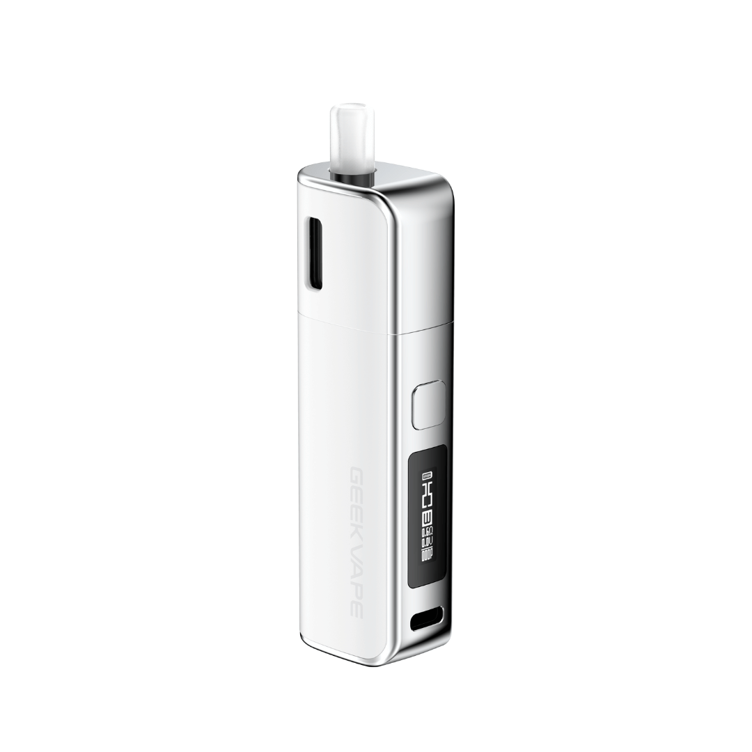 White Geekvape Soul Pod Vape Kit with digital display and sleek design.