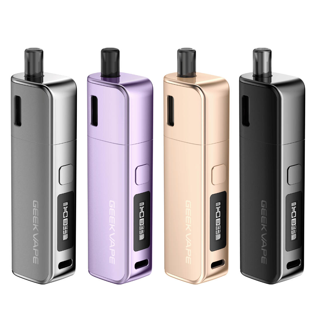 Four GeekVape Soul Pod vape kits in silver, purple, gold, and black, standing upright.