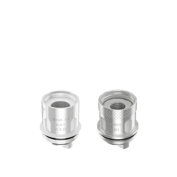 GeekVape Super Mesh replacement coils, silver, 0.2 ohm and 0.4 ohm, side by side.