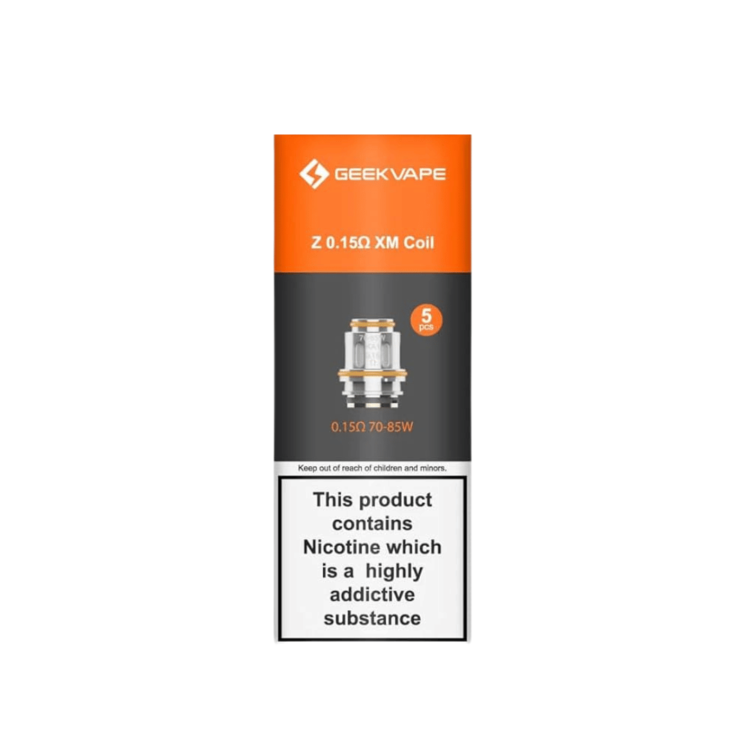 GeekVape Z Series 0.15Ω XM Coil packaging with nicotine warning label.