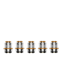 Five GeekVape Z Series replacement coils in a row on a white background.