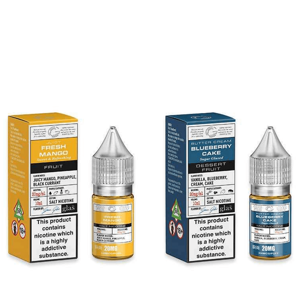 Two bottles of Glas Basix e-liquid with Fresh Mango and Blueberry Cake flavours.