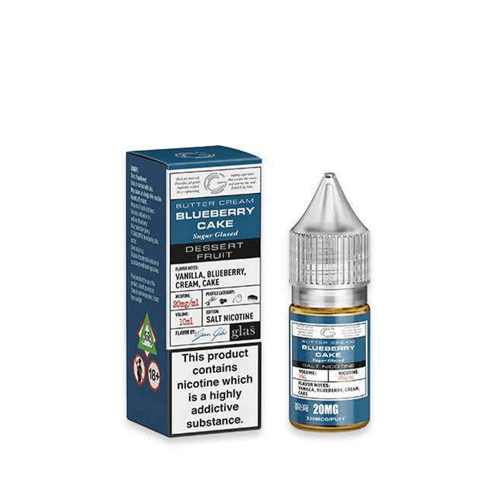 Blueberry cake e-liquid bottle and box, 20mg nicotine salt, 10ml size.