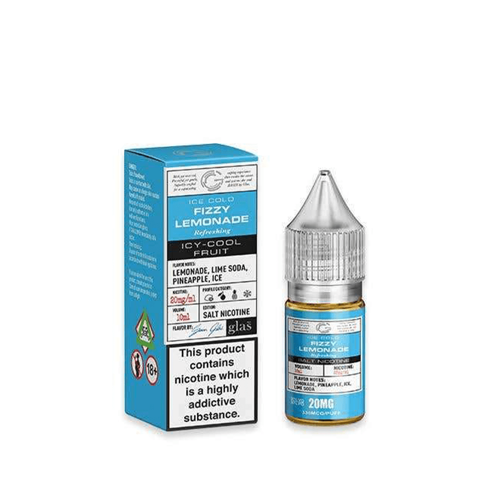 Glas Basix Fizzy Lemonade e-liquid bottle and box with nicotine warning label.