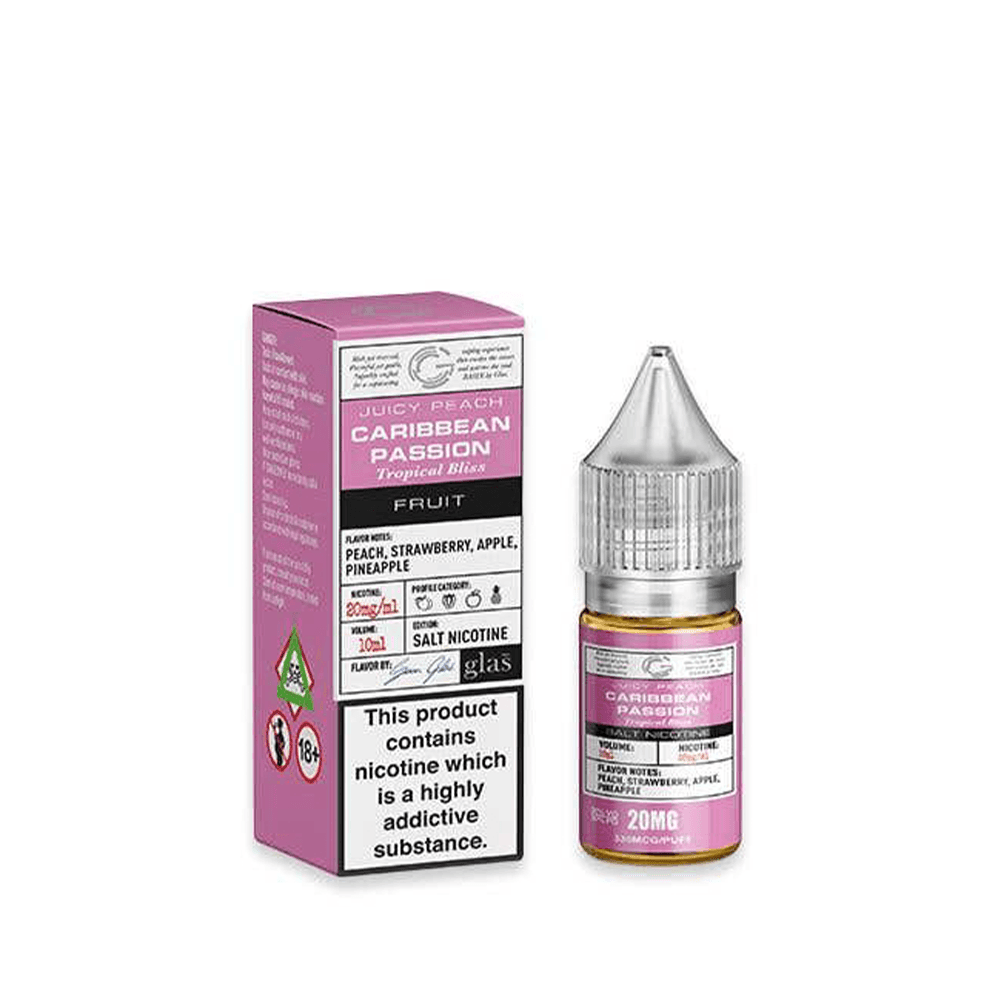 Vape juice bottle and box, Caribbean Passion flavour, 20mg nicotine strength.