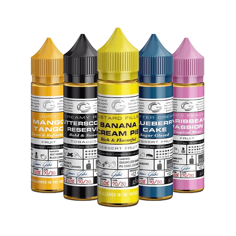 Five Glas Basix e-liquid bottles: Mango Tango, Butterscotch, Banana, Blueberry, and Caribbean Passion.