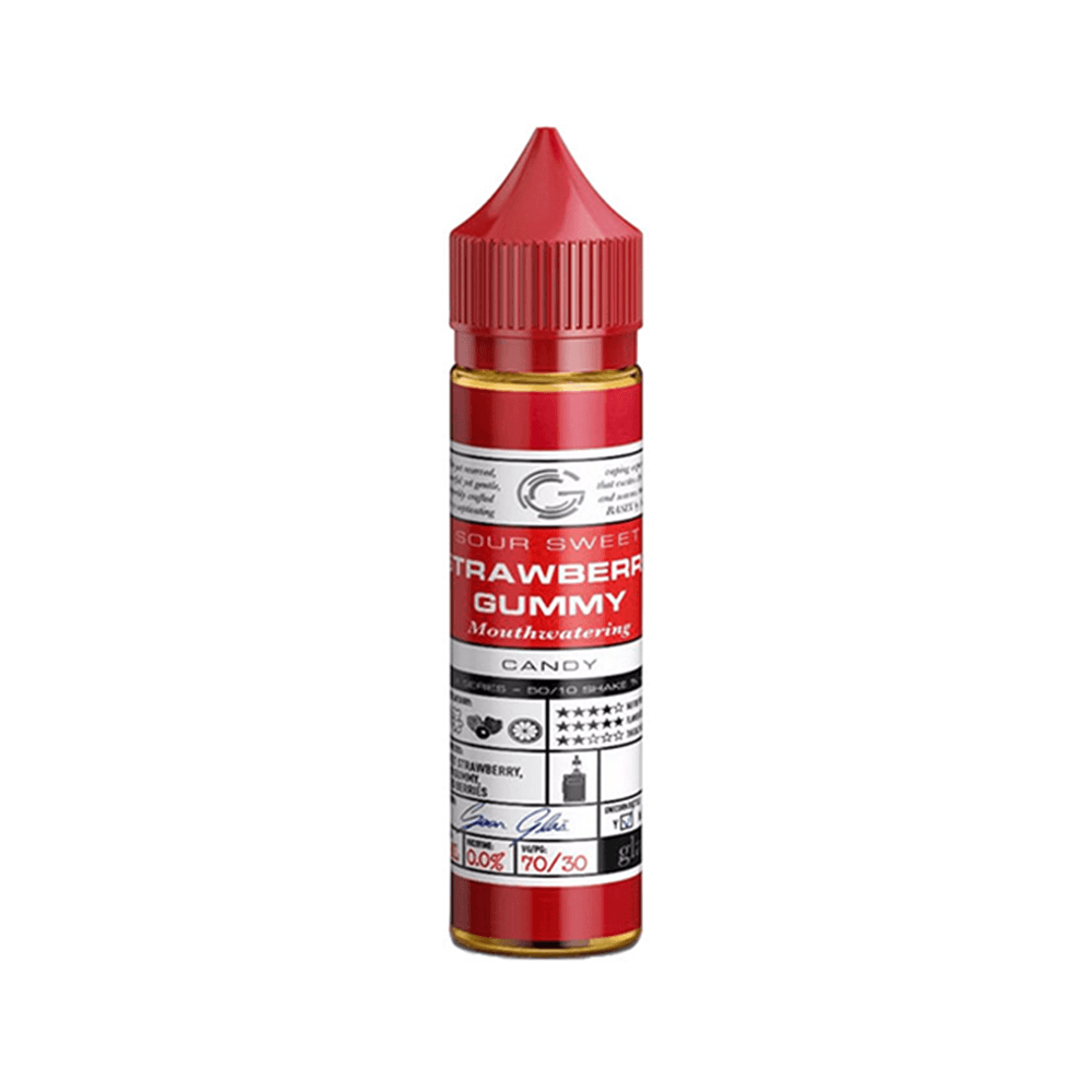 Glas Basix Strawberry Gummy e-liquid bottle, red cap, 50ml, displayed on a white background.