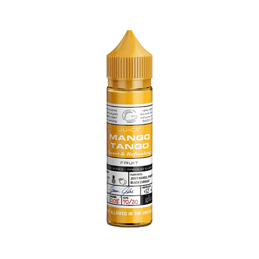 Glas Basix Mango Tango 50ml shortfill vape juice bottle with yellow cap and fruit flavour label.