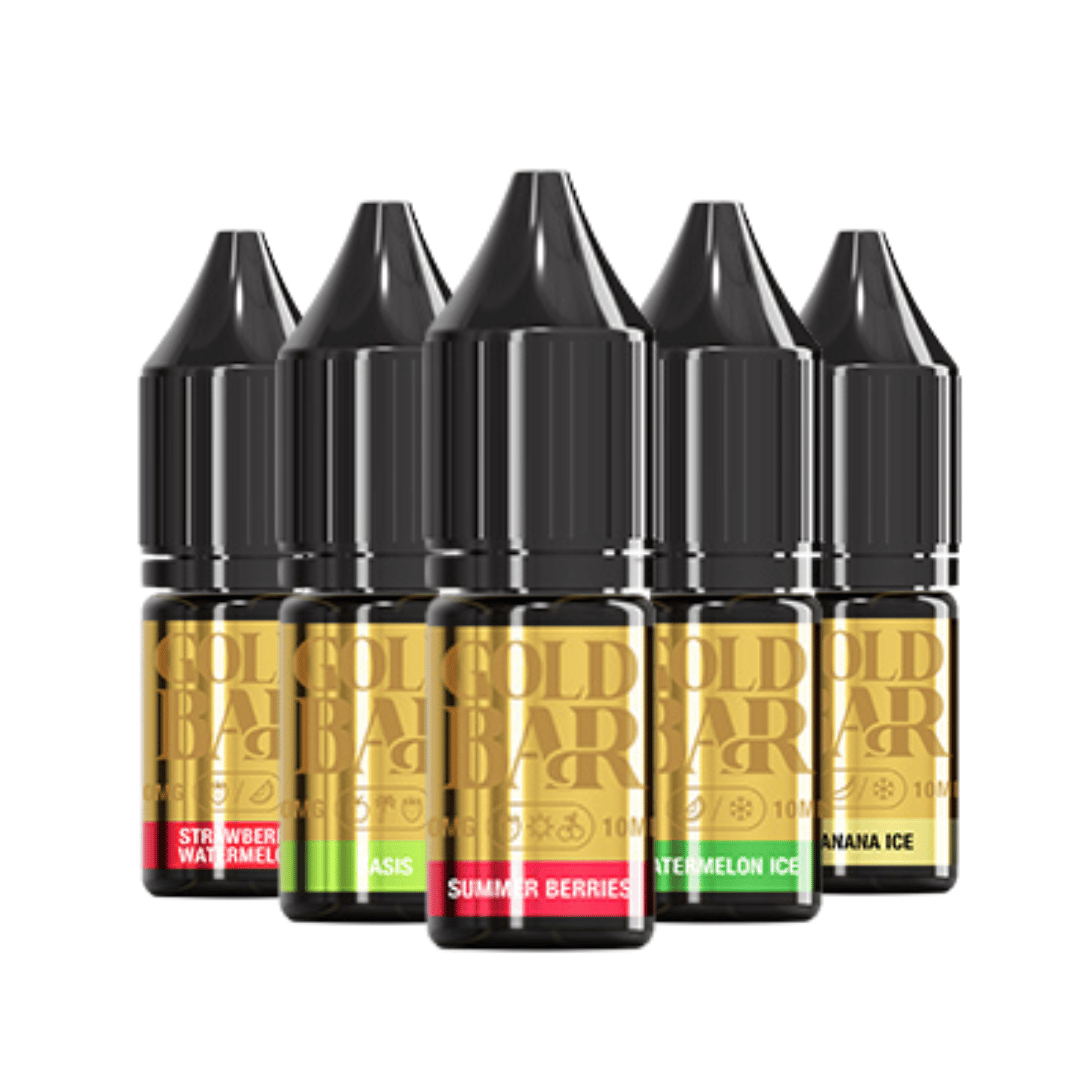 Five Gold Bar 10ml Nic Salt bottles in various flavours.