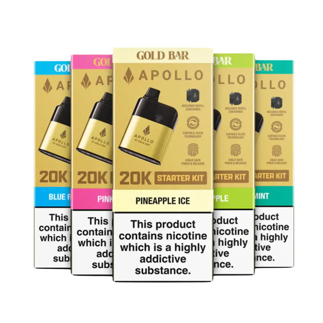 Apollo Gold Bar 20K Prefilled Pod Kit in multiple flavours, featuring child-safe design and capsule click technology.