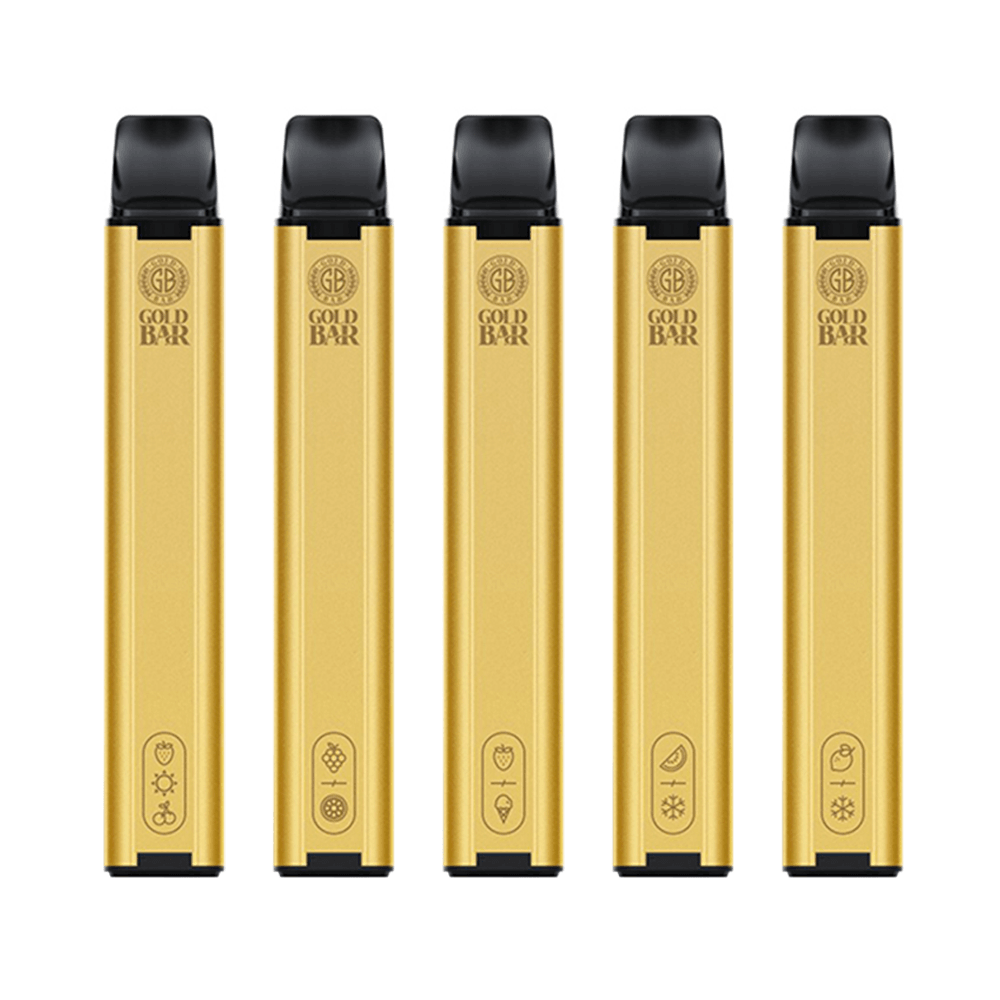 Five gold disposable vape pens with black tips, aligned vertically.