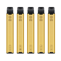 Five gold disposable vape pens with black tips, aligned vertically.