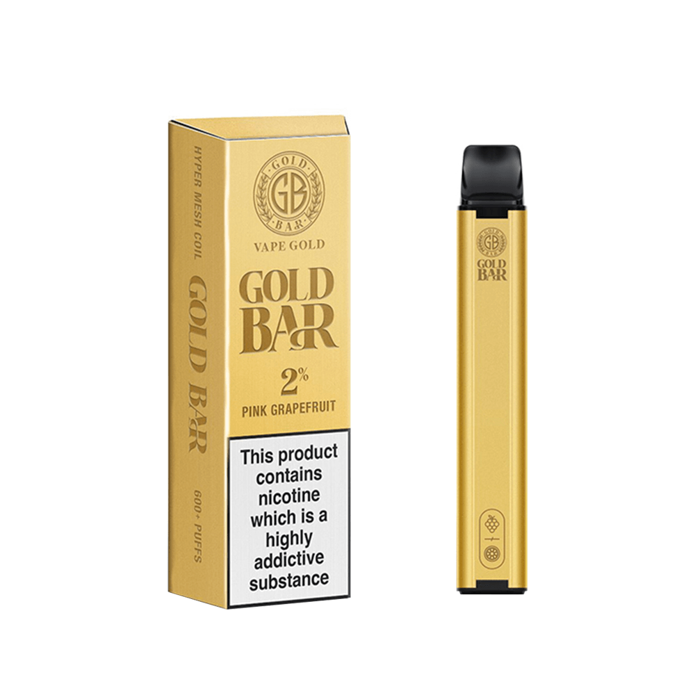 Gold Bar disposable vape pen and box, pink grapefruit flavour, 2% nicotine.