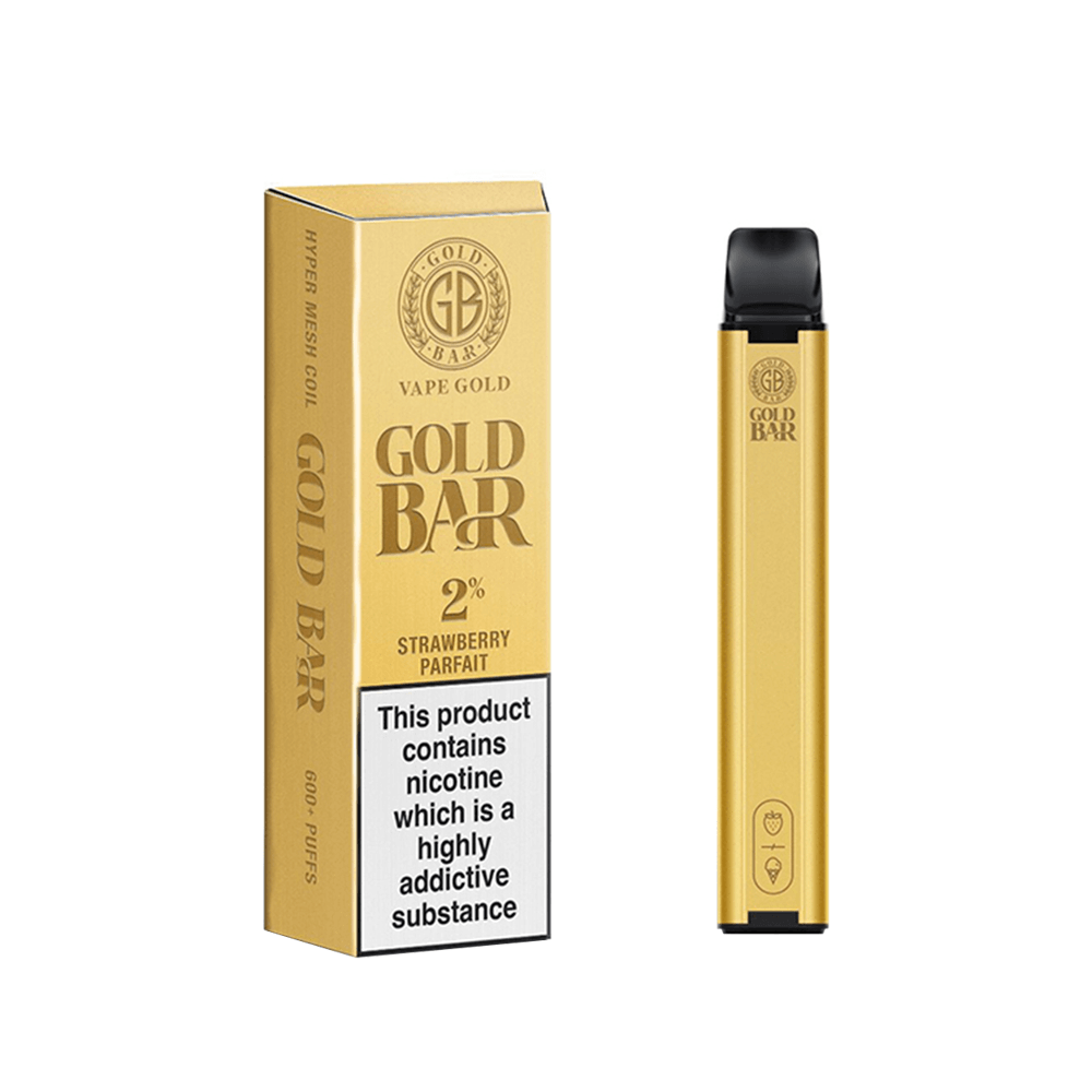 Gold Bar disposable vape pen and box, strawberry parfait flavour, 600 puffs.