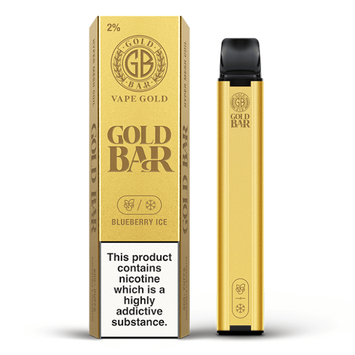 Gold Bar disposable vape pen with Blueberry Ice flavour, packaging visible, 600 puffs, 2% nicotine.