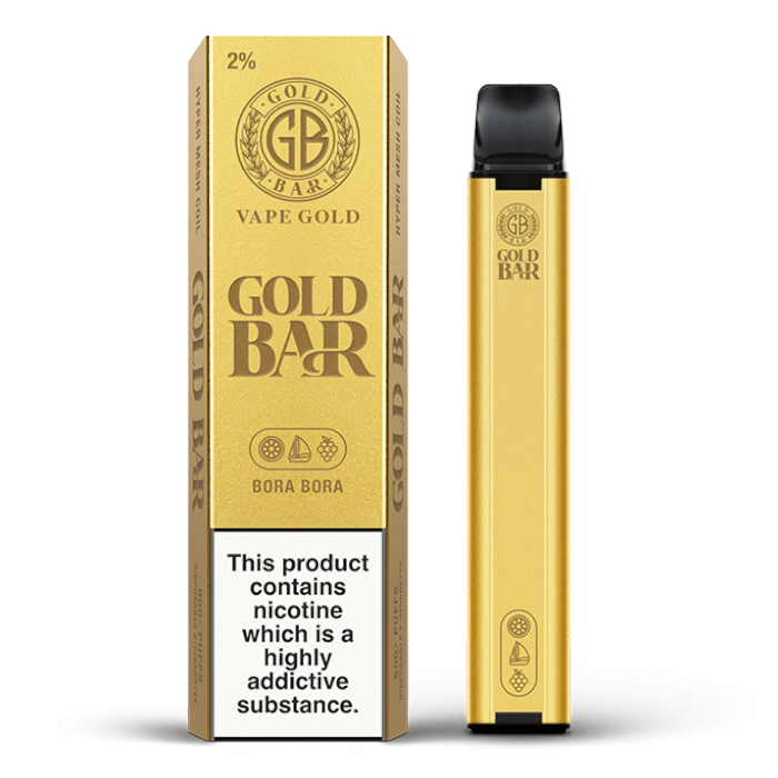 Gold Bar Vape Gold disposable vape pen and packaging, 600 puffs, Bora Bora flavour.