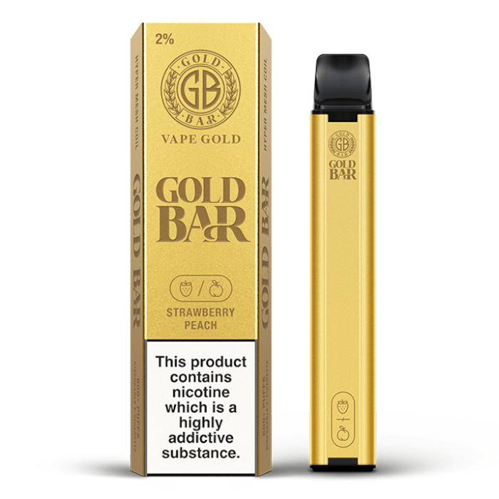 Gold Bar disposable vape pen with Strawberry Peach flavour, 600 puffs, displayed with packaging.